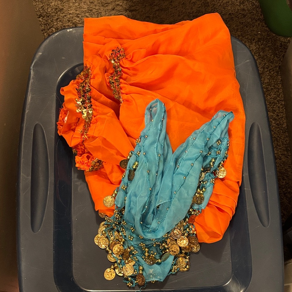 Belly dancer costume! Vibrant Orange balloon pants and Blue Women's Scarf